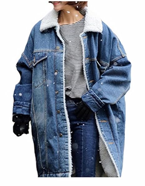 Winter Damen Lang Felljacke Jeansjacke Blau Steppjacke Mantel Fleecejacke