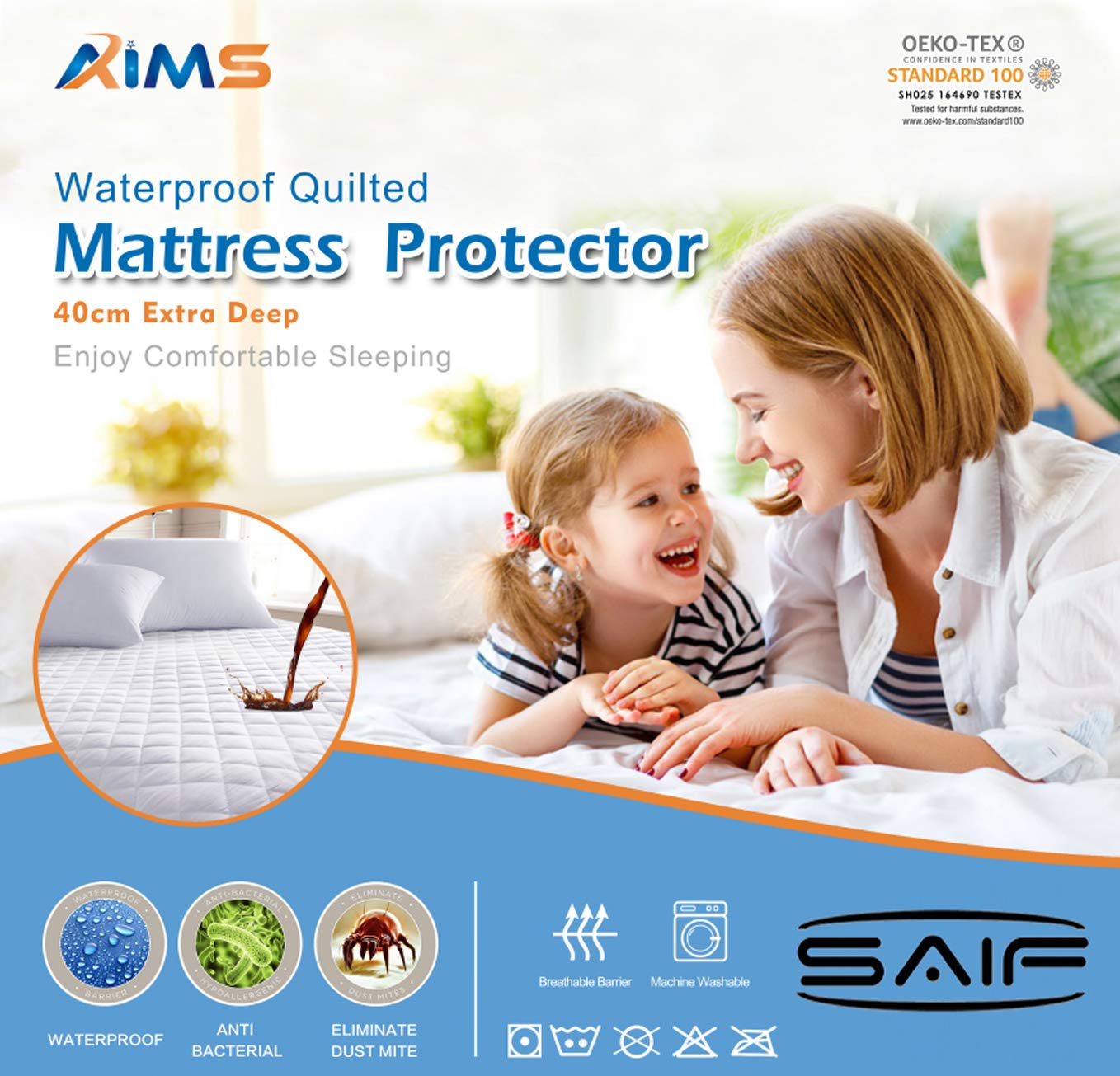 100% Waterproof & Moisture Quilted Mattress Protector Fitted Cover Microfiber Quilted Topper fitted sheet, Anti Allergy and Breathable Elasticated Skirts 40cm Extra Deep (Single 90x190cm)