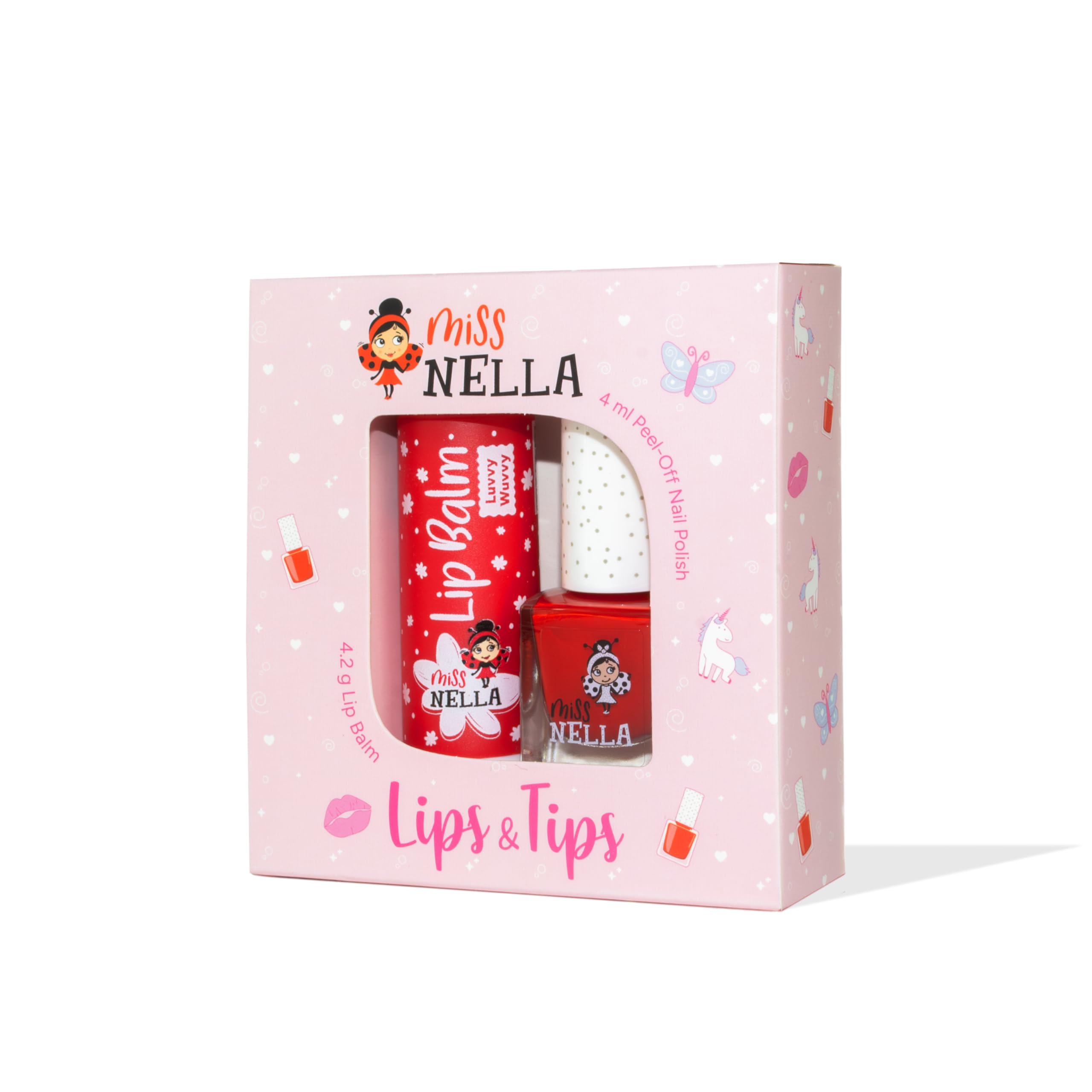 Miss Nella Nail Polis + Lip Balm set- Special Red Nail Polish for Kids- STRAWBERRY ’N’ CREAM, with Peel-off, Water Based & Odour Free Formula + LUVVY WUVVY red hypoallergenic lip balm