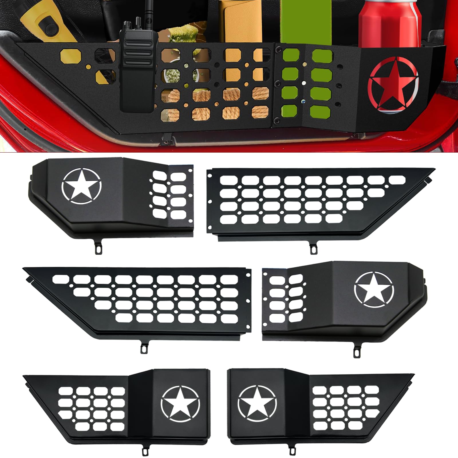 Photo 1 of Metal Front and Rear Door Pocket Storage for Jeep Wrangler | Door Pocket for Wrangler JL/JLU 4XE (2018-2025) & Gladiator JT (2020-2025) | Door Storage Accessories | Non-Fit Power Seats | 4PCS, Star