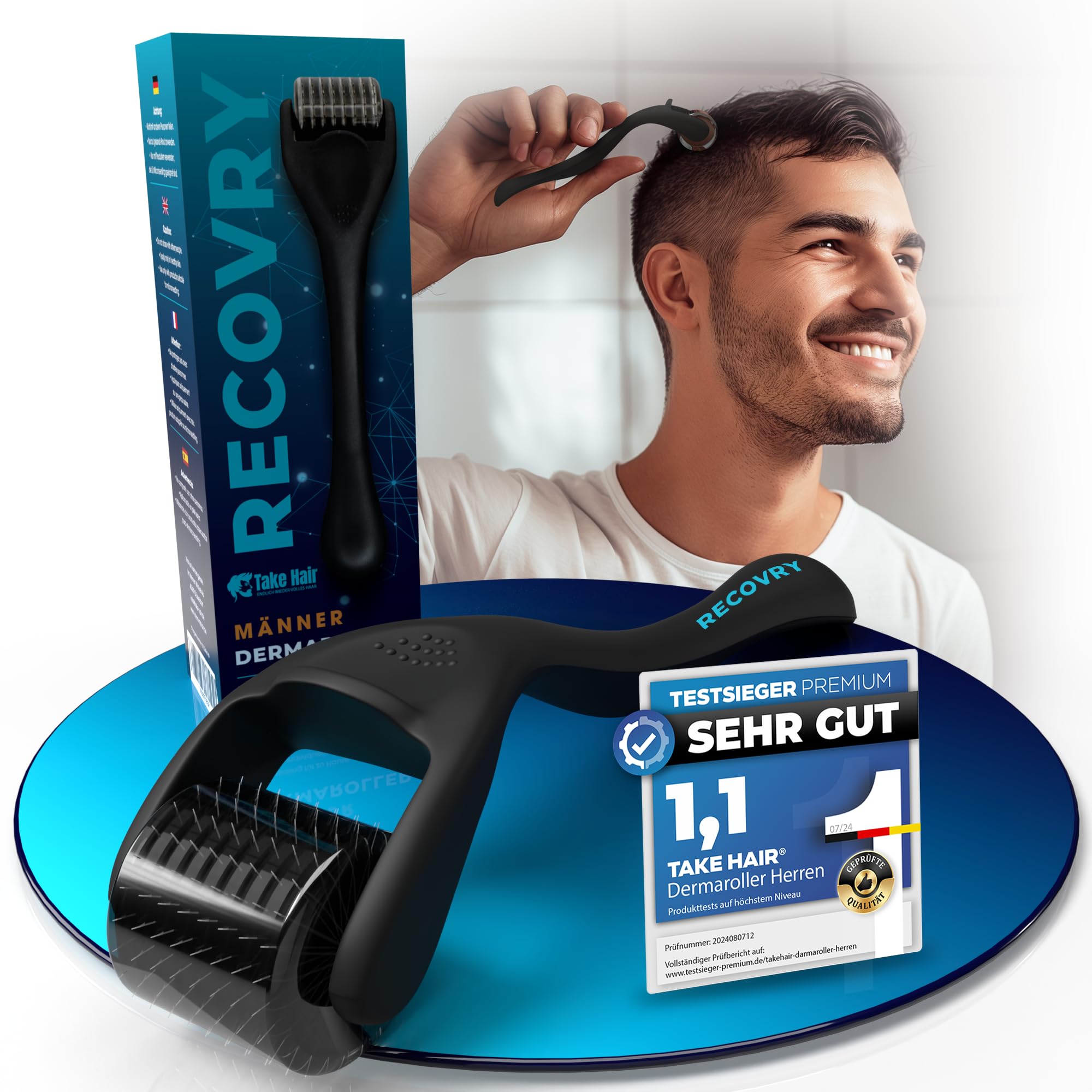 RECOVRY Derma Roller for Men - Micro Needle Roller - 190 Stainless Steel Needles - Not Daily Use - Also for Beard Care - Includes Masterclass for Hair Loss