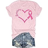RECUTEWU Breast Caner Shirts for Women Pink Ribbon Graphic T-Shirt Breast Cancer Awareness Inspirational Blouse Tops