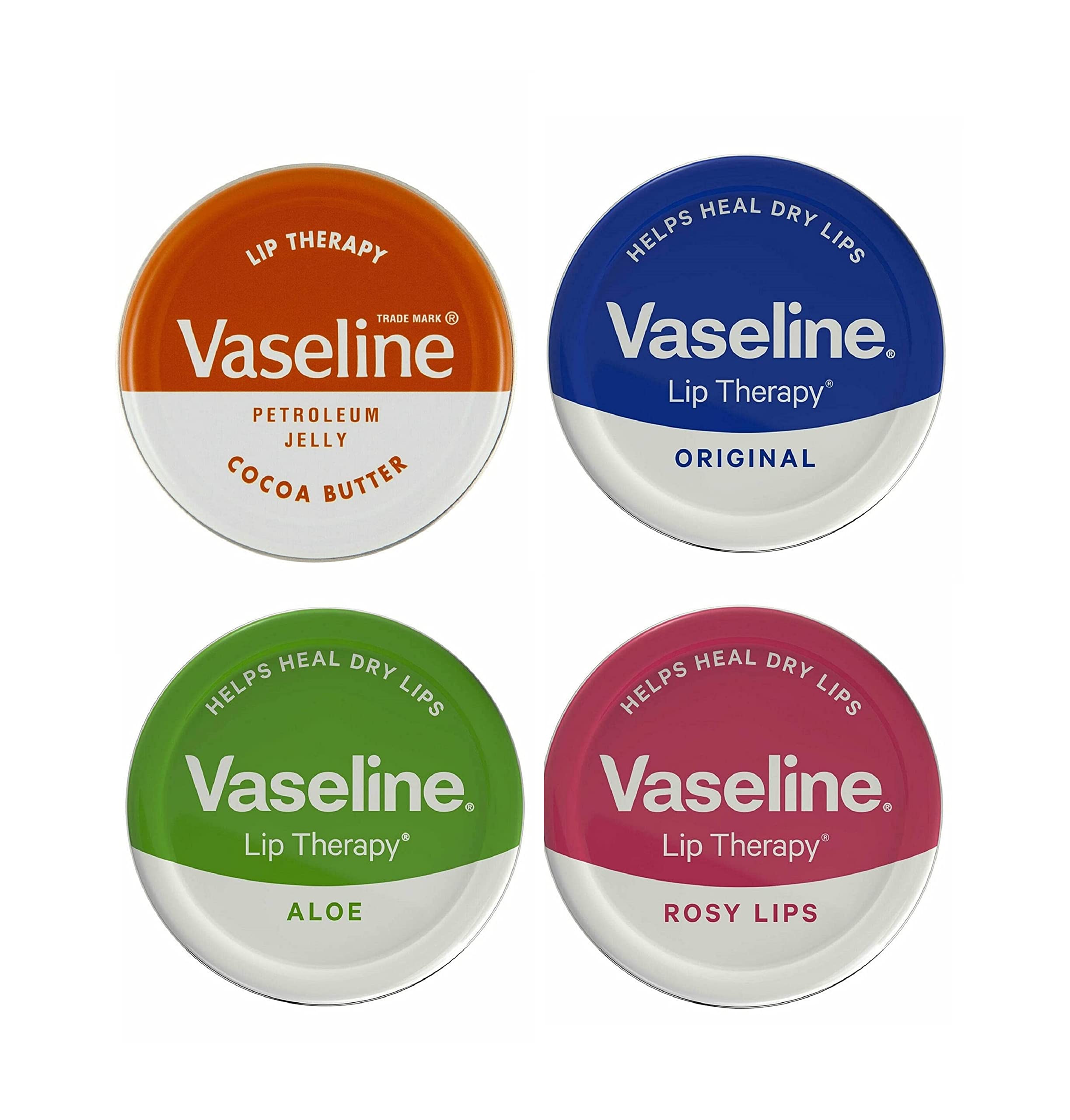 Vaseline Lip Balm Petroleum Jelly 20g Lip Therapy. Cocoa Butter, Aloe, Rosy Lips and Original Flavour. Soothes Dry Lips (Pack of 4)
