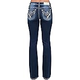 Miss Me Women's Nyah Cross Stitched Western Embellished Faux Flap Pockets Mid-Rise Bootcut Jeans
