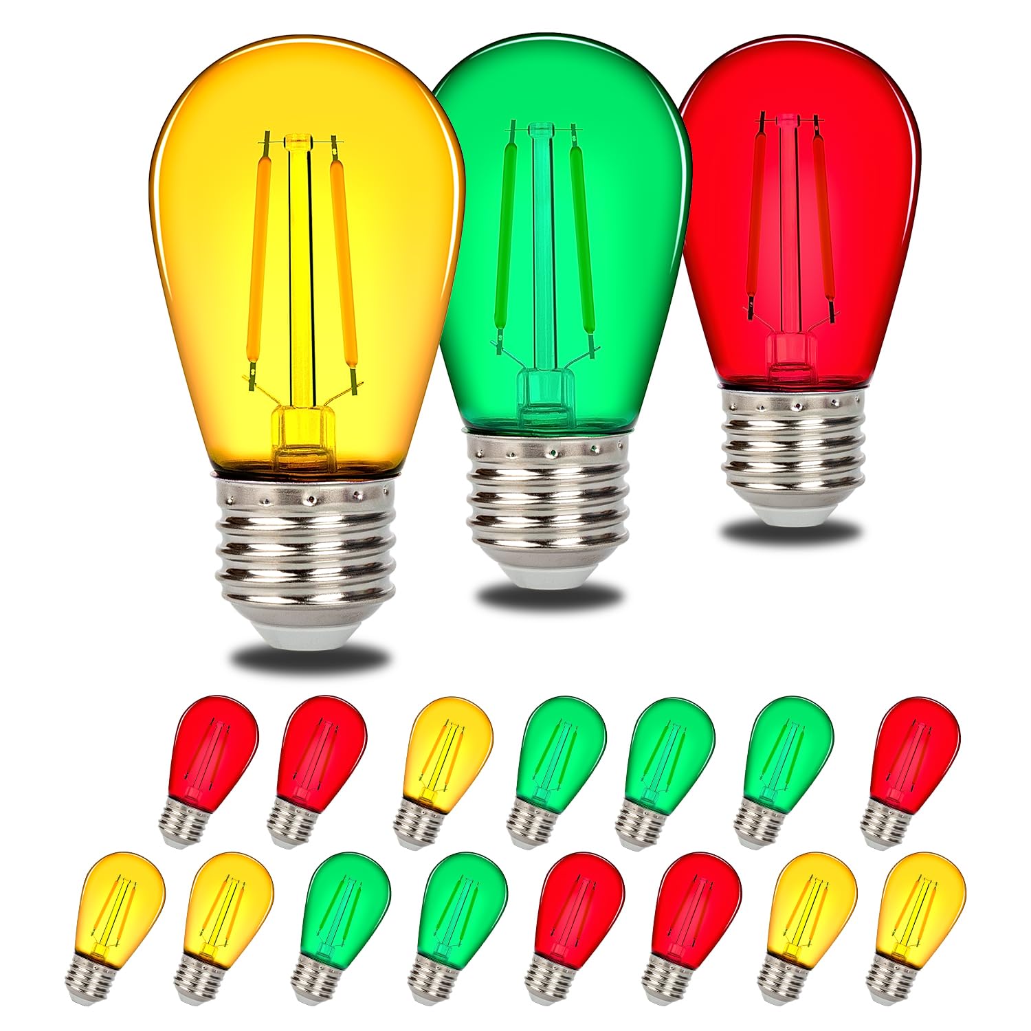 Leadleds 15 Pack S14 LED Light Bulbs Replacement, Shatterproof 5 Color 1W E27 Screw Base Socket Light Bulb, 2700K Warm White Decorative Filament Bulbs for Indoor Outdoor String Lights