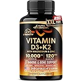 Vitamin D3 K2 - Vitamin D3 10000 iu & K2 as MK-7 120 mcg - Immune & Mood Support, for Bone & Teeth Health - with Magnesium, Zinc & Vitamin C & B12 - Highly Bioavailable - Made in USA, 240 Capsules