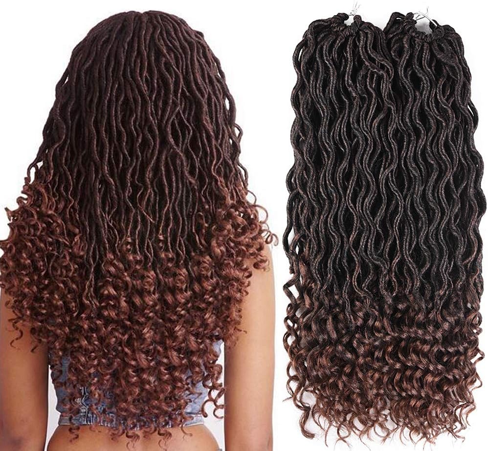 6Pcs/Lot 18 Inches Goddess Locs Crochet Hair Faux Locs Crochet Hair Wavy Fauxlocs Fiber Braiding Hair with Curly Ends Ombre Synthetic Braiding Hair Extensions(6packs/lot, T1B/30)