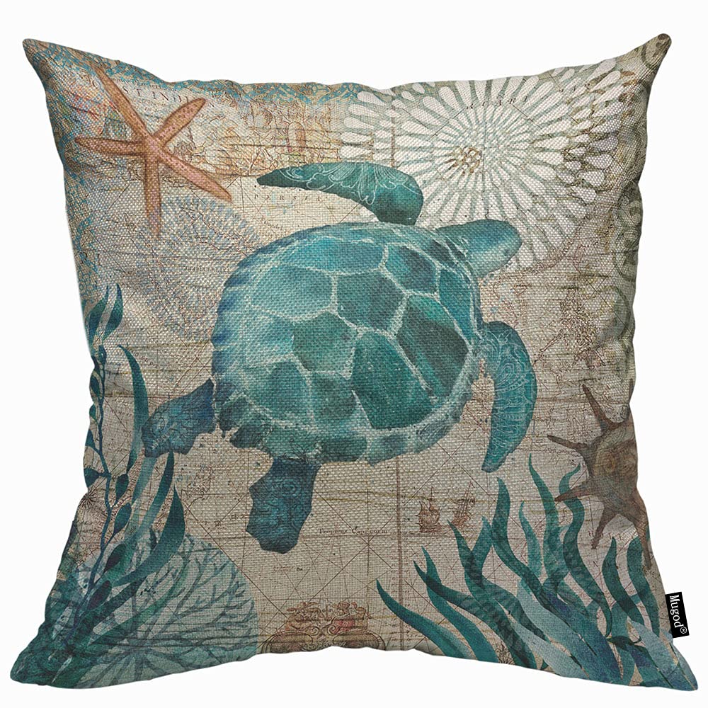 Mugod Blue Sea Turtle Cushion Cover Throw Pillow Covers Vintage World Map Pillow Case for Men Women Decorative Home Sofa Chair Couch 45x45cm/18x18 Inch