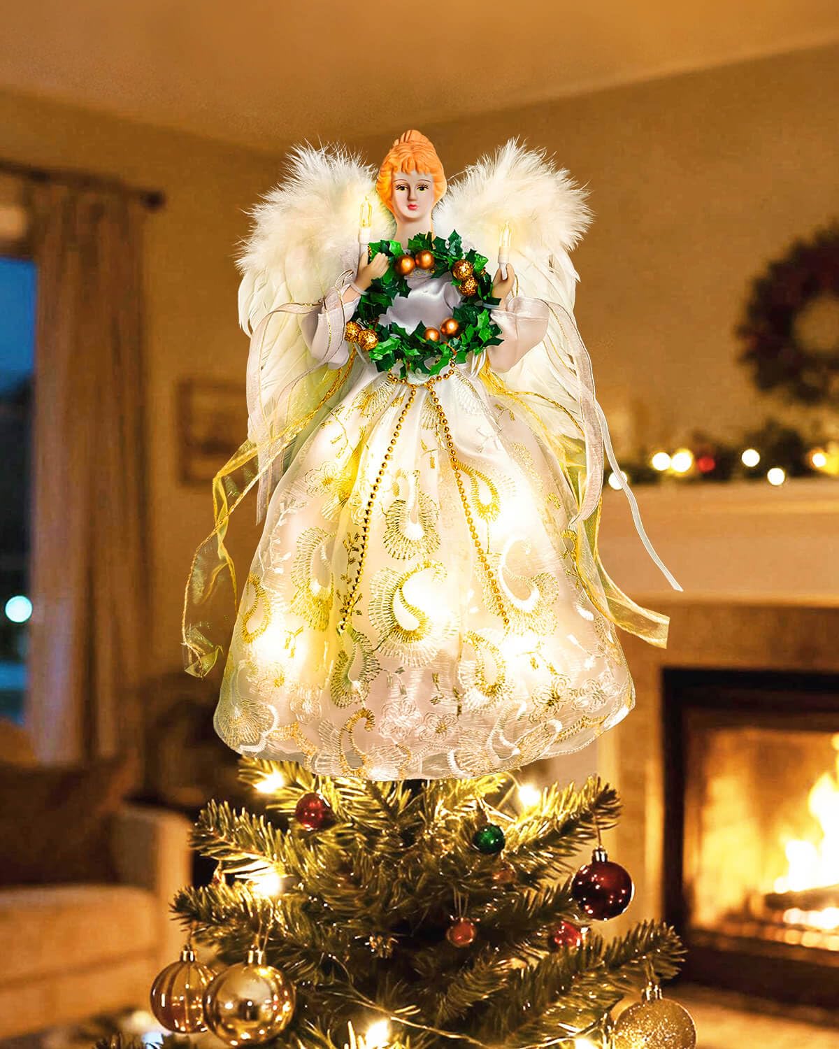 Angel Tree Topper with Lights | 12 Inch Christmas Angel Tree Topper with Feather Wings | Battery Powered Christmas Tree Toppers Lighted for Vintage Decor | Xmas Tree Topper Ornament, White