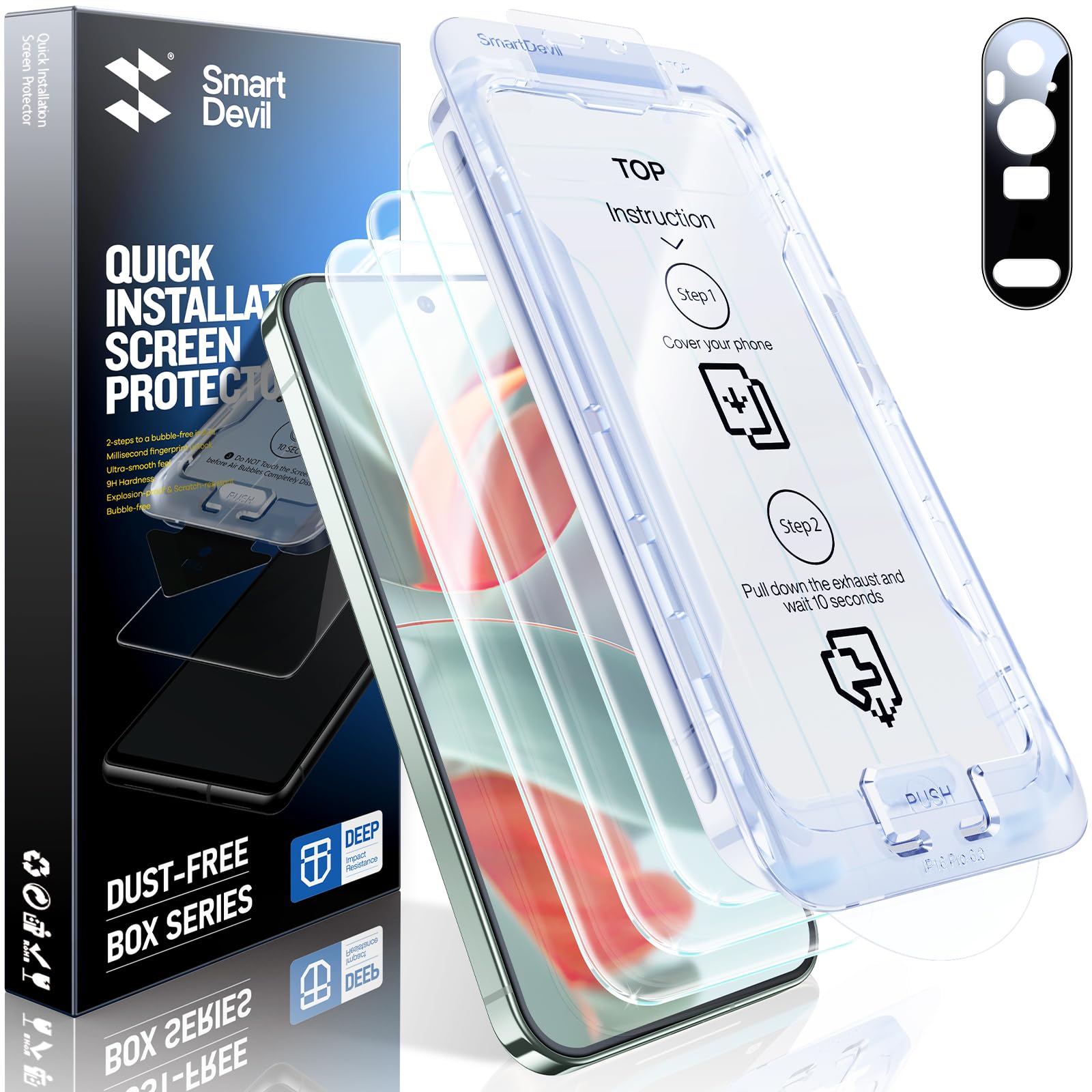 Photo 1 of SMARTDEVIL [3+1 Pack Screen Protector For Google Pixel 9 Pro With Camera Lens Protector, Finger Print Reader Compatible, Clear 9H Tempered Glass Film, Fast & Easy Installation, Alignment Frame