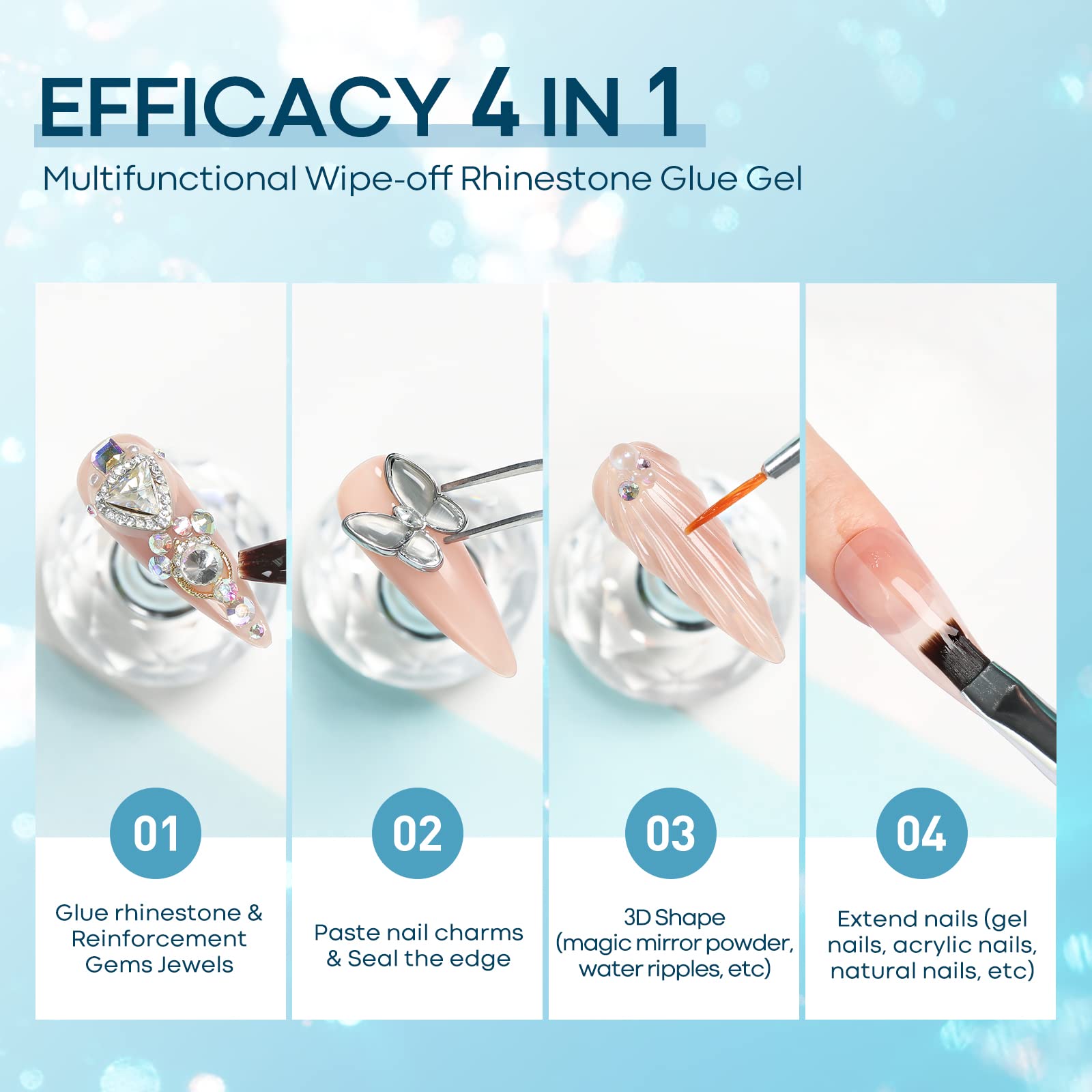 modelones Rhinestone Glue No Wipe Nail Gem Glue Super Strong Adhesive with Nail Charms & Dual-Use Brush, 2×5 ml