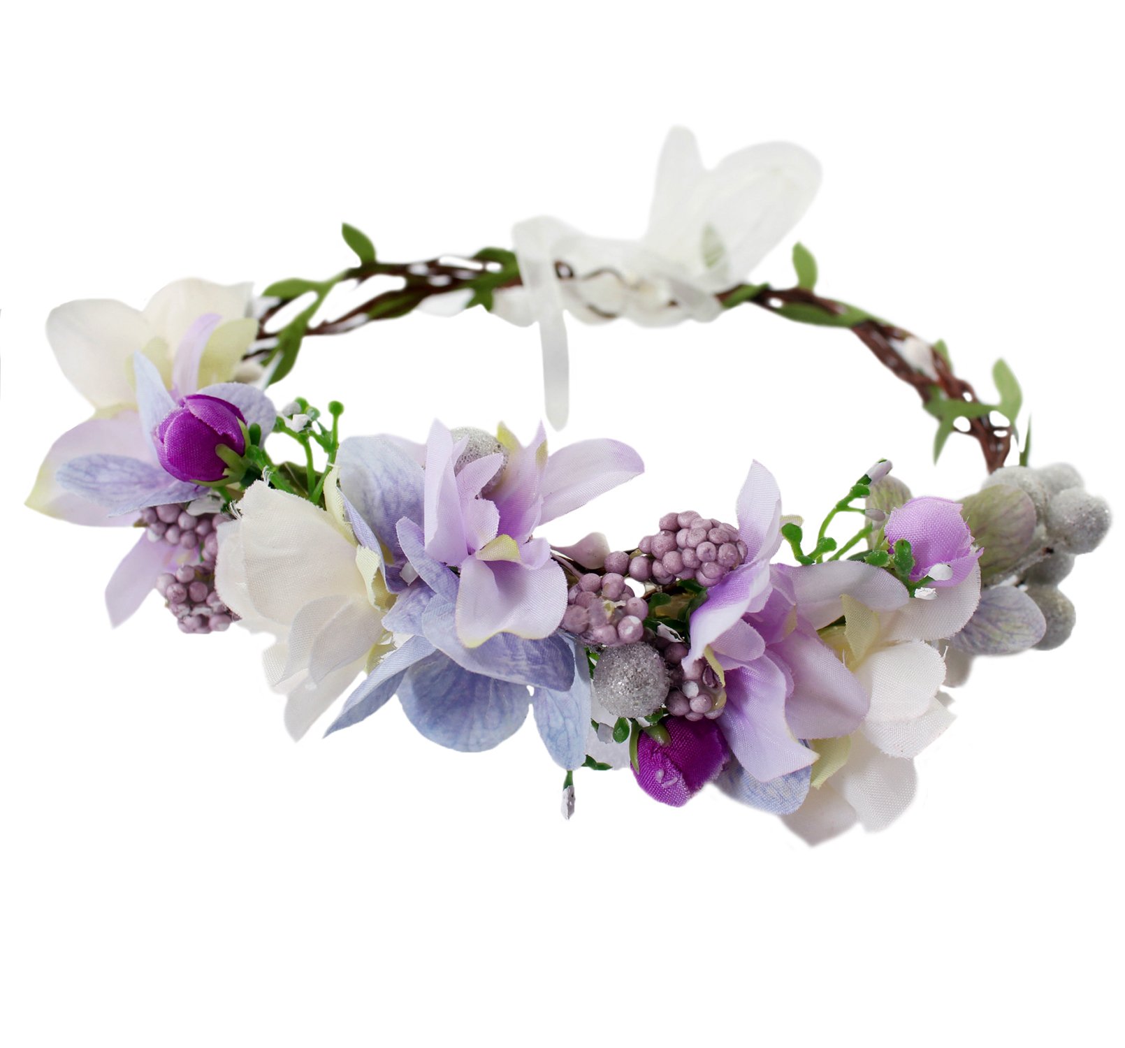 Floral Wreath Headband Bride Flower Crown Hair Wreath Hair Garland Flower Halo Floral Headpiece Boho with Ribbon Wedding Party Festival Purple, One Size