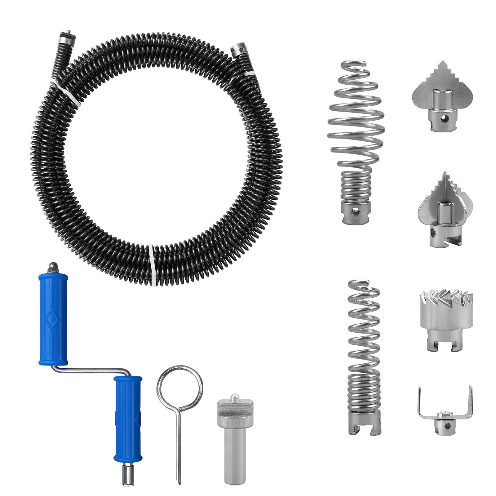 Pipe Cleaning Spiral 5 m Spiral φ 12 mm with 6 Pieces Drain Cleaner Cutting Head & Hand Tool, Professional Drain Unblocker Drain Snake for Sewer, Bathroom Drainage,Kitchen Sinks,Toilet