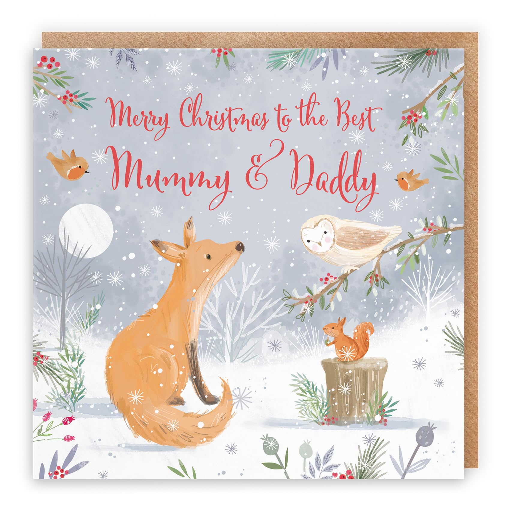 Hunts England - Mummy And Daddy Cute Fox Christmas Card - Nature's Treasures - Happy Animal Wildlife Cute Fun Merry Xmas Card - Robin, Owl, Squirrel - From Son, Daughter, Kids, Children