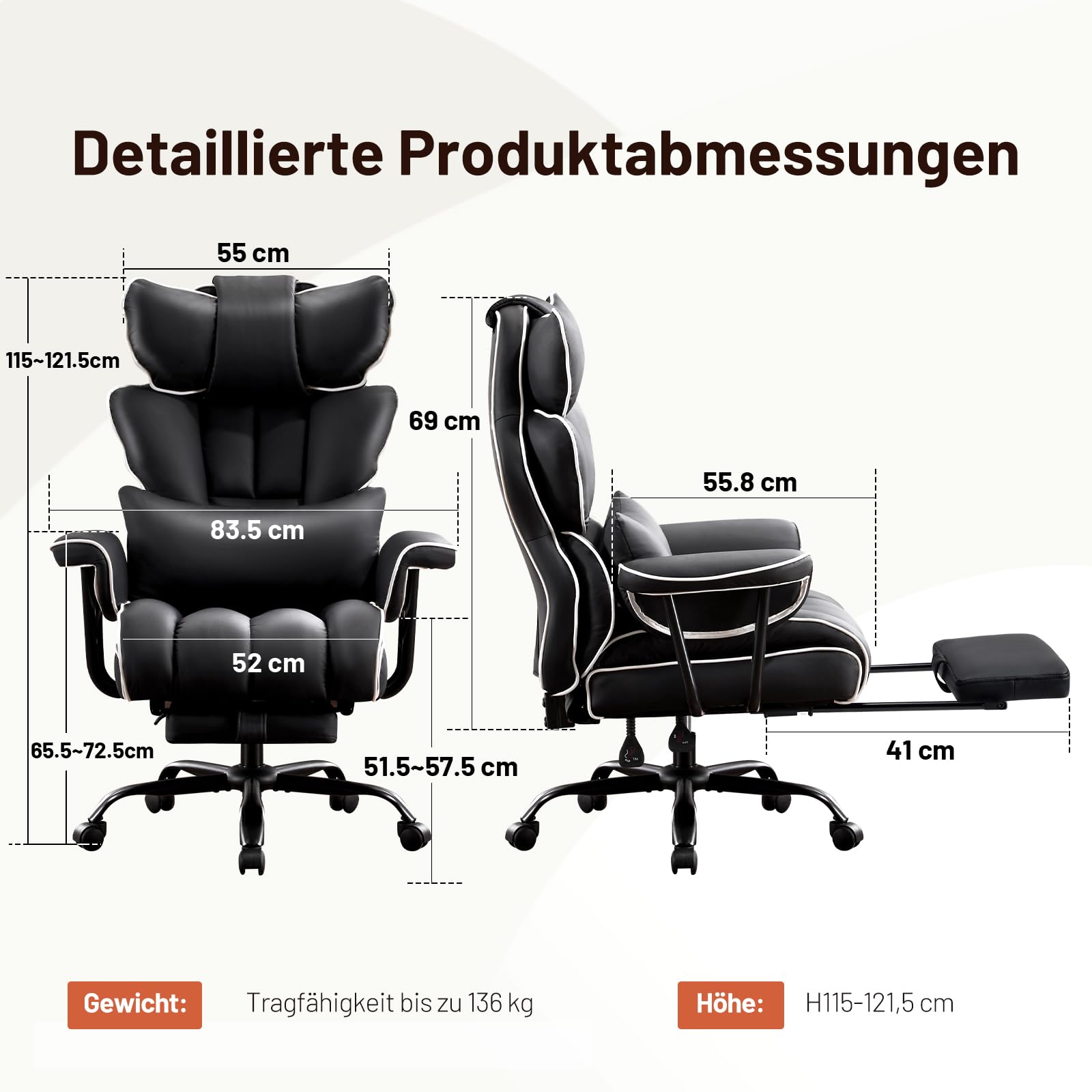 Ckaff Bürostuhl Chefsessel Ergonomisch, Gaming Stuhl aus PU Leder, Bürostuhl 200kg mit Fußstütze und Lendenwirbelstütze, Schreibtischstuhl mit Verstellbarer Rückenlehne (Schwarz) 9