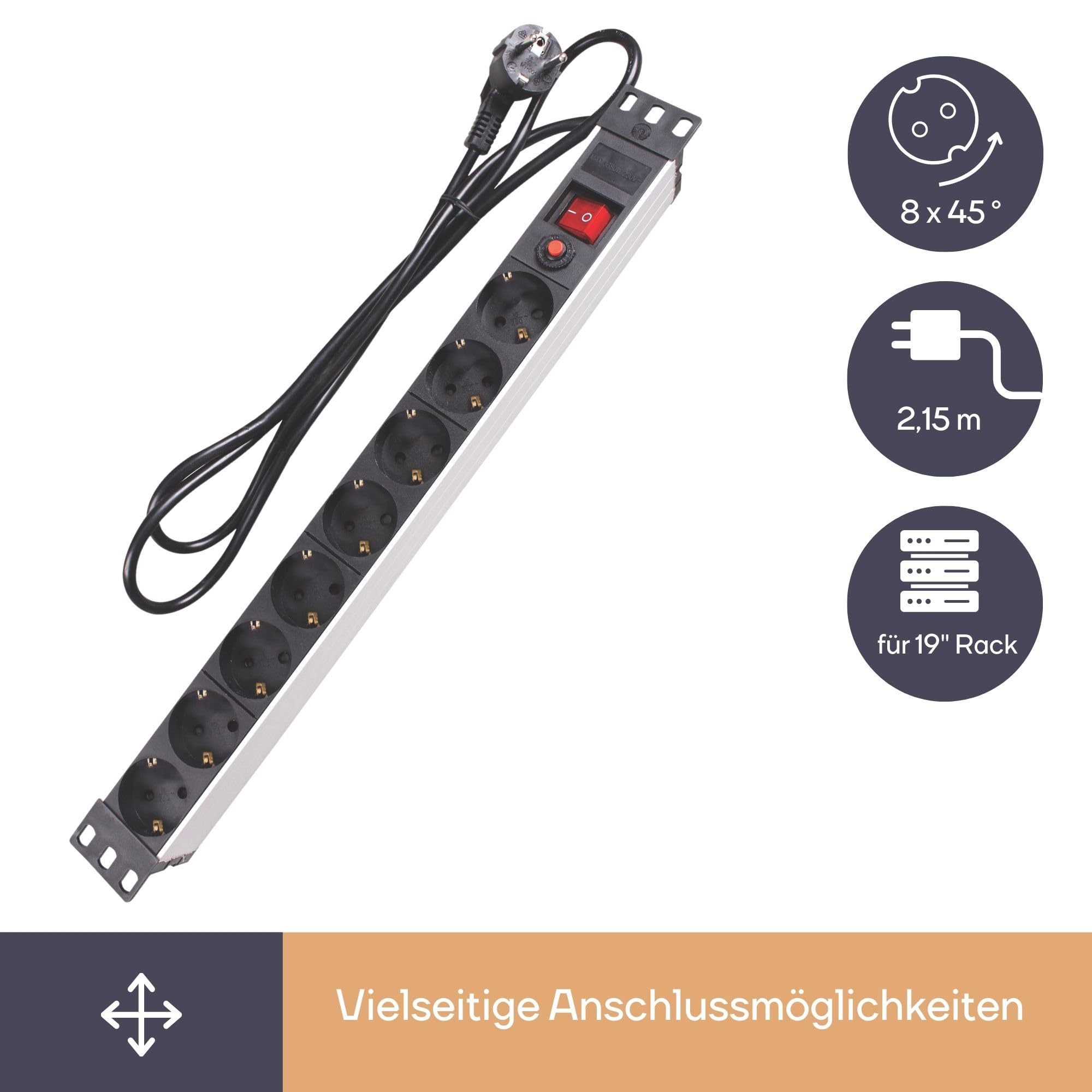 Perel PDU-Steckdosenleiste mit 8 Schuko-Steckdosen Typ F, Schalter und Überspannungsschutz, 2,15 m H05VV-F 3G1.5-Kabel, 3680 W Stromverteiler für 19-Zoll-Rack, Serverschrank und Büro 6