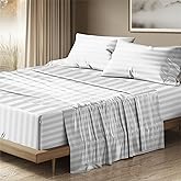 THREAD SPREAD Egyptian Cotton Sheets King Size - 1500 Thread Count 4 PC Damask Sheet Set Egyptian Cotton, Luxury Sheet King Size, Soft, Cooling Deep Pocket Sheets, Fits Upto 19" - White Stripe