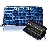 VOICE Women's Long Wallets, Italian cowhide, Beautiful hand painted, Easy access card pocket, Gift Boxed (Navy)