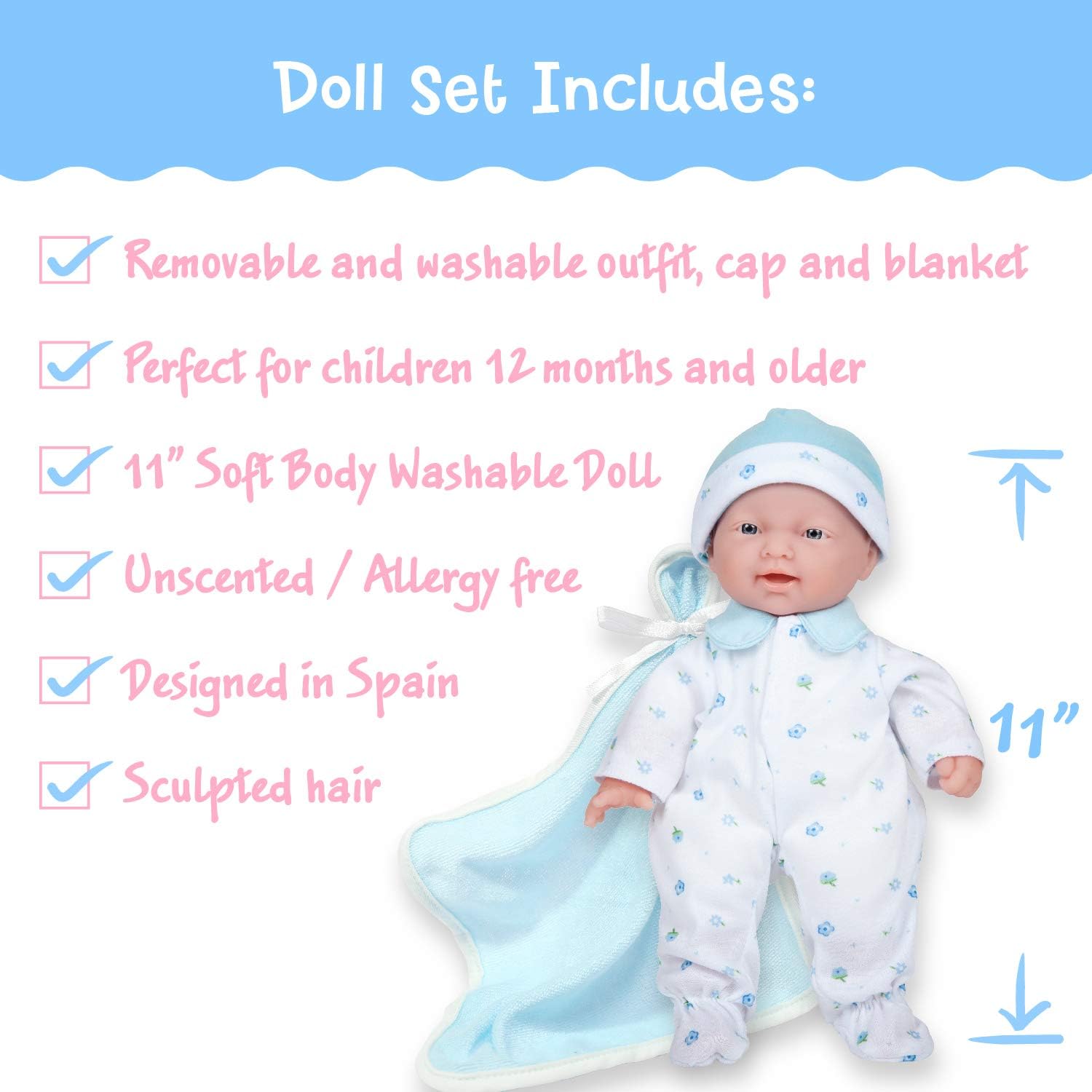 JC Toys La Baby doll for children age 18 Months +. Washable, soft, 27.9 cm, Blue, 11" - Image 3