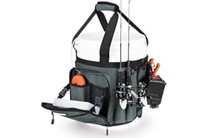 KastKing Karryall Fishing Bucket Organizer for 5 Gallon Bucket,Ice Fishing Tackle Bag with Adjustable Buckle, Rod & Plier Holder and Multi-Pockets for Fishing Gear & Accessories Storage,Dark Gray