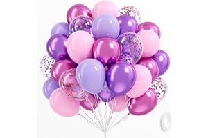 BAUANOOY 61pcs Pink and Purple Balloons, 12 Inch Purple Pink Confetti Balloons, Metallic Balloon with Ribbon for Bridal Baby Shower Wedding Women Birthday Party Decorations