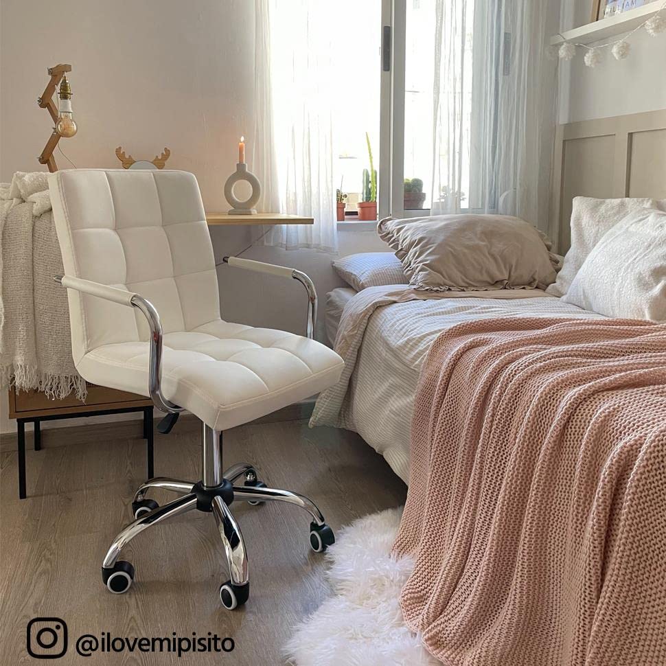 Yaheetech White Desk Chairs With Wheels/Armrests Modern PU Leather Office Chair Midback