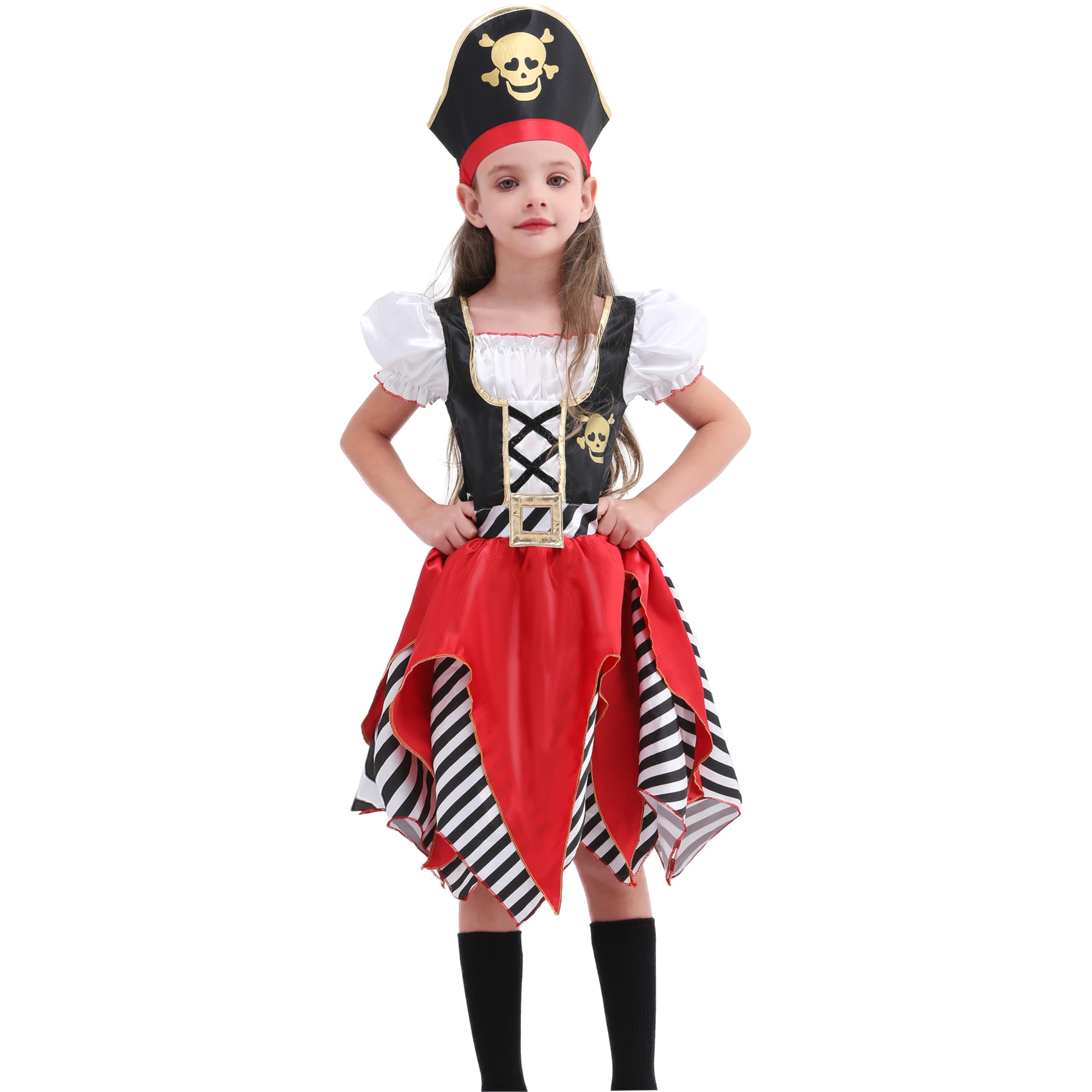 Rabtero Kids Pirate Costume, Girls Pirate Fancy Dress with Hat Only, Kids World Book Day Costumes for Girls 5-6 Years
