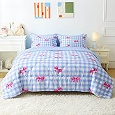 Wajade Bow Comforter Set 7 Piece Blue White Plaid Comforter Sets for Girls Kids Full Size Checkered Bedding Set with Sheet and 2 Pillowcases 2 Pillow Shams Cute Girls Bed in a Bag as Birthday Choice
