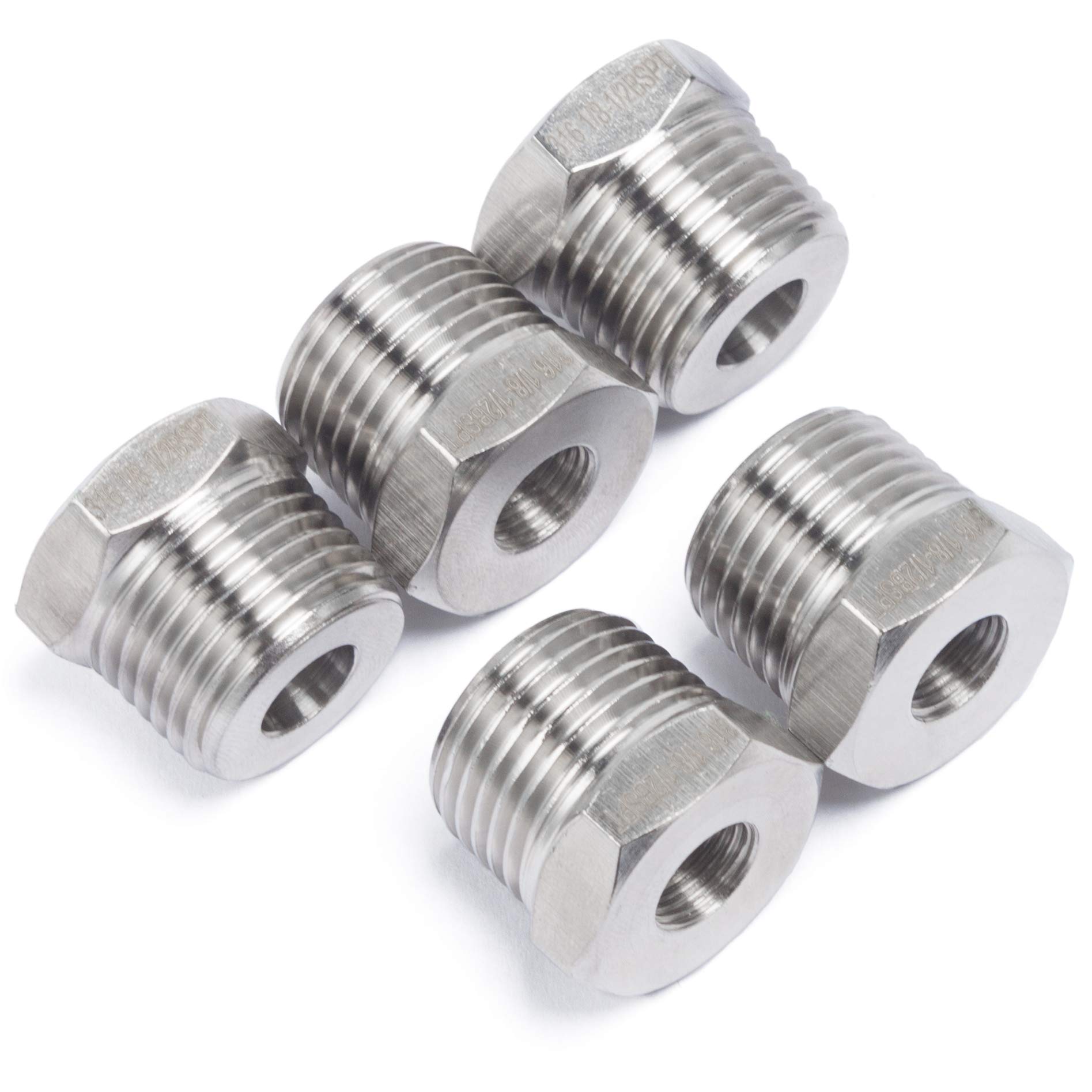 LTWFITTING Stainless Steel 316 Pipe Hex Bushing Reducer Fittings 1/2-Inch Male BSPT x 1/8-Inch Female BSPP (Pack of 5)