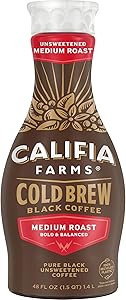 Califia Farms - Pure Black Medium Roast Cold Brew Coffee, 48 Oz, 100% Arabica, Plant Based, Vegan, Gluten Free, Non GMO, Suga
