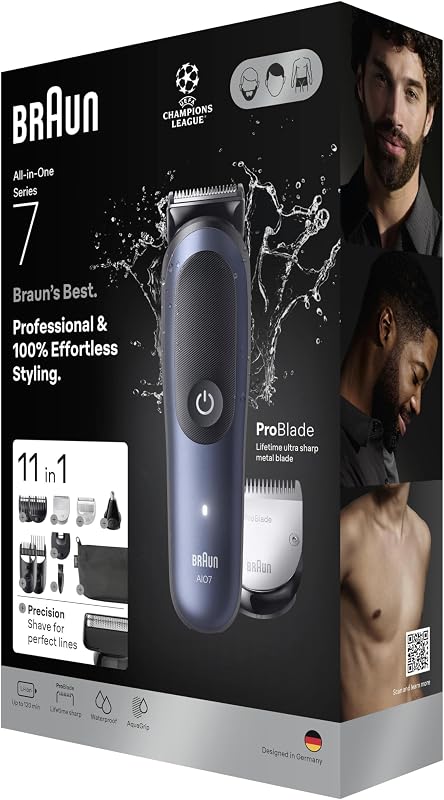 Serie 7 - Kit multifunzione per la cura del corpo 11 in 1, ProBlade e AutoSense, 120 minuti, SkinGuard e ombreggiatura della barba, AquaGrip per sott'acqua, AIO7540, blu