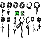 5 Pairs Black Stainless Steel Non-Piercing Spike Rivet Cross Dangle Tassel Clip on Hoop Earrings Set for Women Men Boy Girl, Non Pierced Fake Ear Clip Stud Earrings