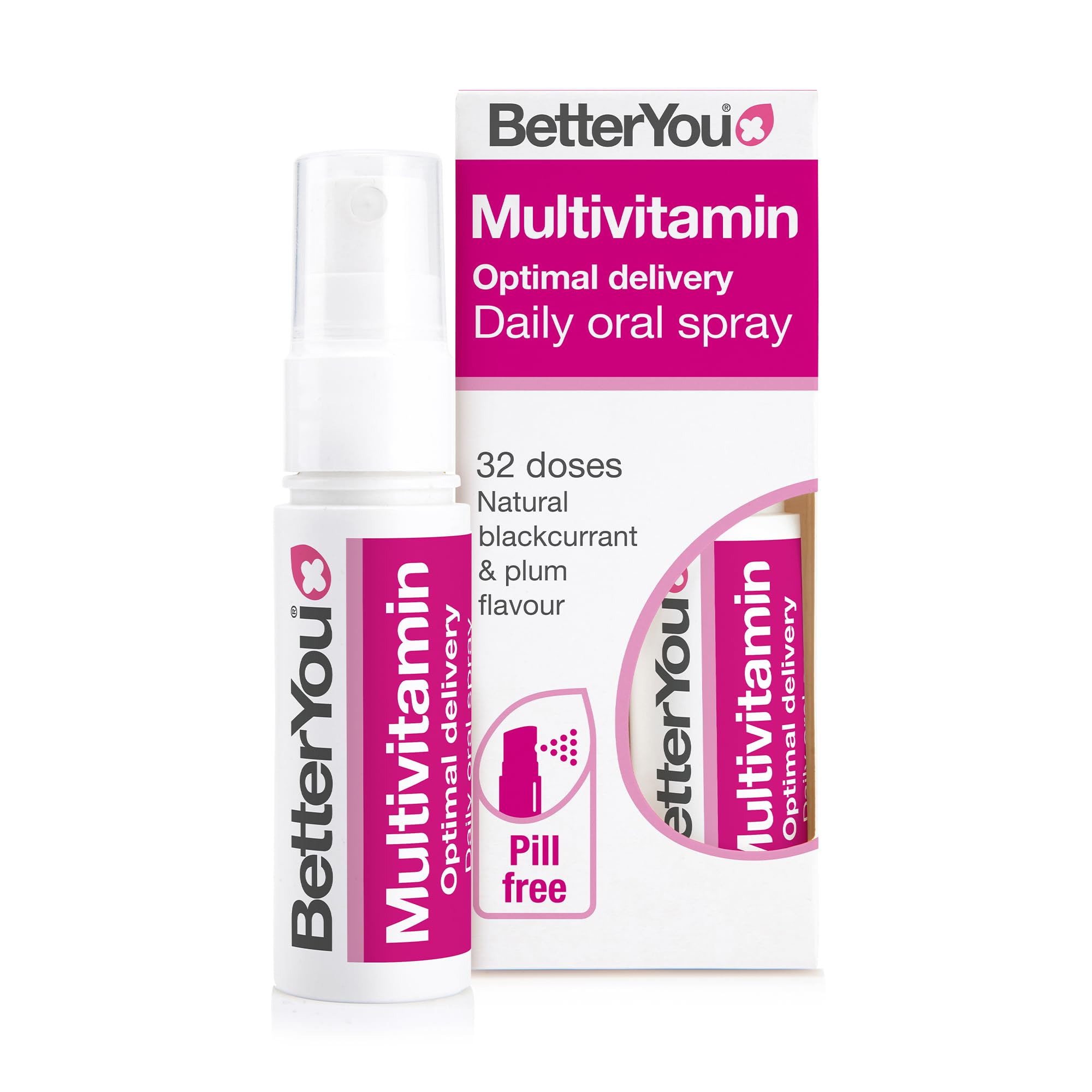 BetterYou MultiVit Daily Oral Spray, Pill-free Multi Vitamin Supplement, 14 Essential Nutrients to Support Health and Wellbeing , 1-month Supply, Natural Blackcurrent and Plum Flavour