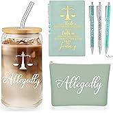 Domensi 6 Pcs Funny Lawyer Gifts Allegedly Essentials for Law School Student 16 oz Glass Cup Tumbler Makeup Bag Notepad Ballpoint for Women Valentine's Day Law Bar Study Paralegal Attorney(Green)