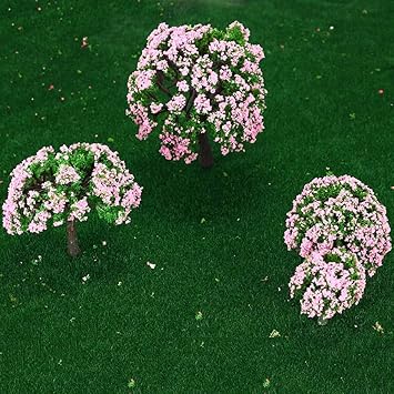 Generic 4 Pieces Plastic Model Trees Train Layout Garden Scenery White and Pink Flower Trees Diorama Miniature Pink