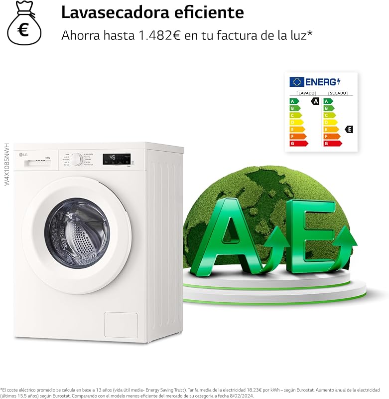 LG W4X1085NWH - Inversor Direct Drive Washer Dryer 8/5kg, 1400 rpm, 6 Motion, Vapor a vapor, Wi-Fi ThinQ, A Classificação (Lavagem) E (Secagem, Série 140, Branco