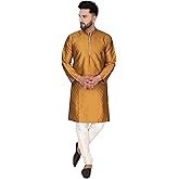 SKAVIJ Men's Tunic Art Silk Indian Kurta Pajama Wedding Party Festive Season Dress Suit