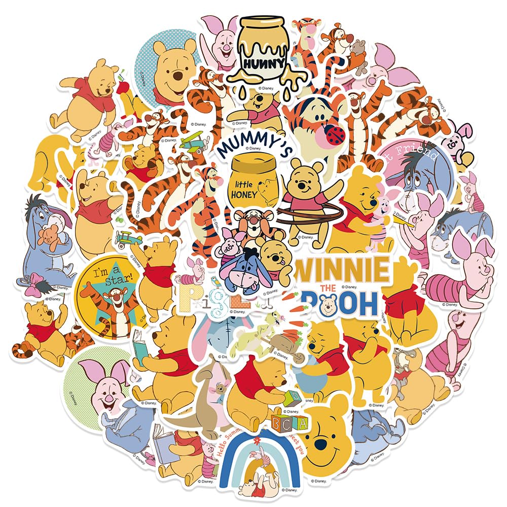 50Pcs Pooh Bear Sticker for Kids, Cute Cartoon Waterproof Vinyl Stickers for Adult Teen Girl Student Water Bottle Laptop Phone Computer Guitar Notebook Skateboard Travel Case Scrapbook Helmet