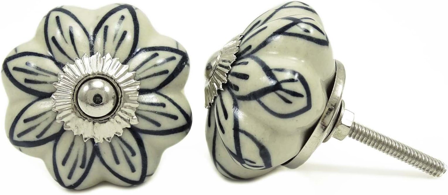 Floral Print Beige Ceramic Knobs Cabinet Drawer Pull Unique Cabinet Knobs 2 Pieces