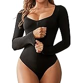 Takusun Long Sleeve Bodysuit for Women Tummy Control Thong Shapewear V Neck Body Suits Going Sexy Out Tops Shirt