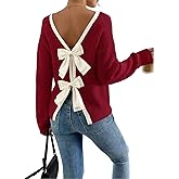 FOTKLAX Women's Off The Shoulder Pullover Bow Ribbed Knit Sweater Cute Crew Neck Long Sleeve Trendy Cozy Sweaters