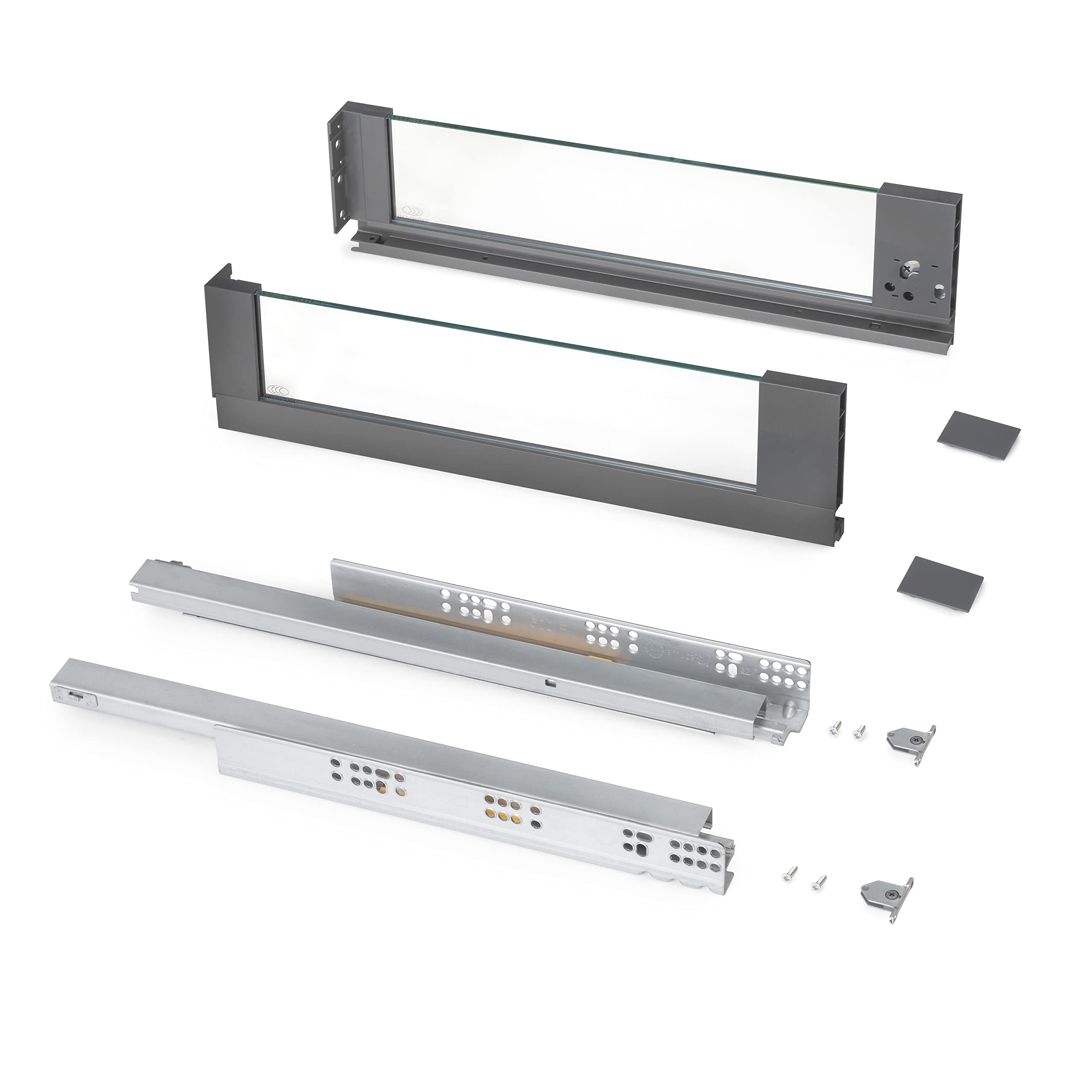 Emuca - Vertex Outer Drawer 40 kg (88 lb),H131mm (5,15 inch) with Glass Sides, 500mm (19,6 inch), Anthracite Grey, Steel and Aluminium and Glass, 1 kit