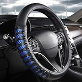 West Llama Microfiber Leather Car Steering Wheel Cover for Men Women,Universal Fit 14.5-15 inch(Leather Nails-Blue+Black-Standard Size)