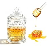CasaVibe 10 Oz Glass Honey Jar, With Lid And Dipper Honeycomb Crystal Design Syrup Storage Container For Home Kitchen Use