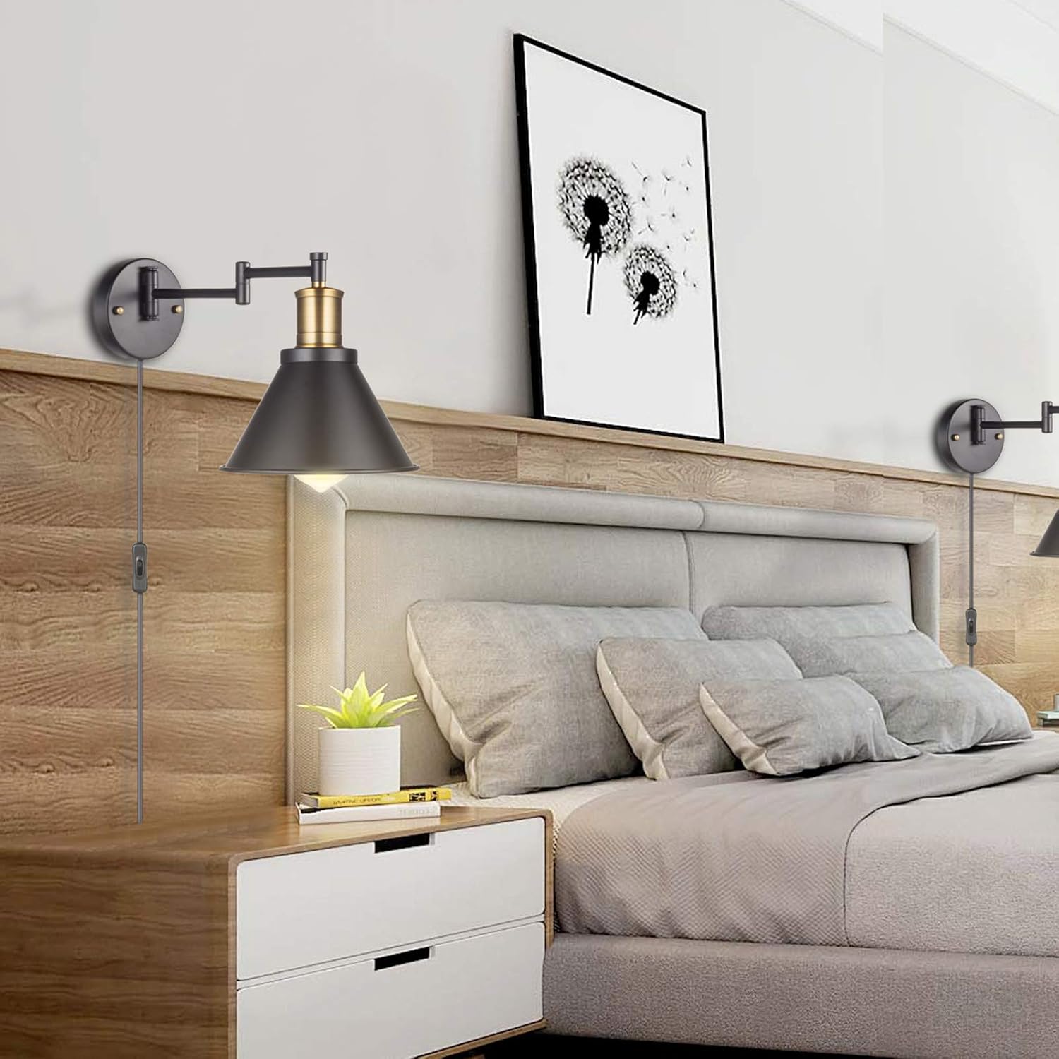 ArcoMead Swing Arm Wall Lamp Plug-in Cord Industrial Wall Sconce, Bronze and Black Finish, with On/Off Switch, E26 Base UL Listed, 1-Light Bedroom Wall Lights Fixtures, Bedside Reading Lamp - - 
