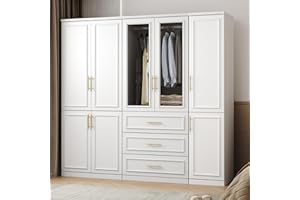 ECACAD White Extra Wide Wardrobe Armoire with 8 Doors, Drawers, Storage Shelves & Hanging Rods, Wooden Closet Storage Cabinet for Bedroom (79.1”W x 19.3”D x 74.8”H)