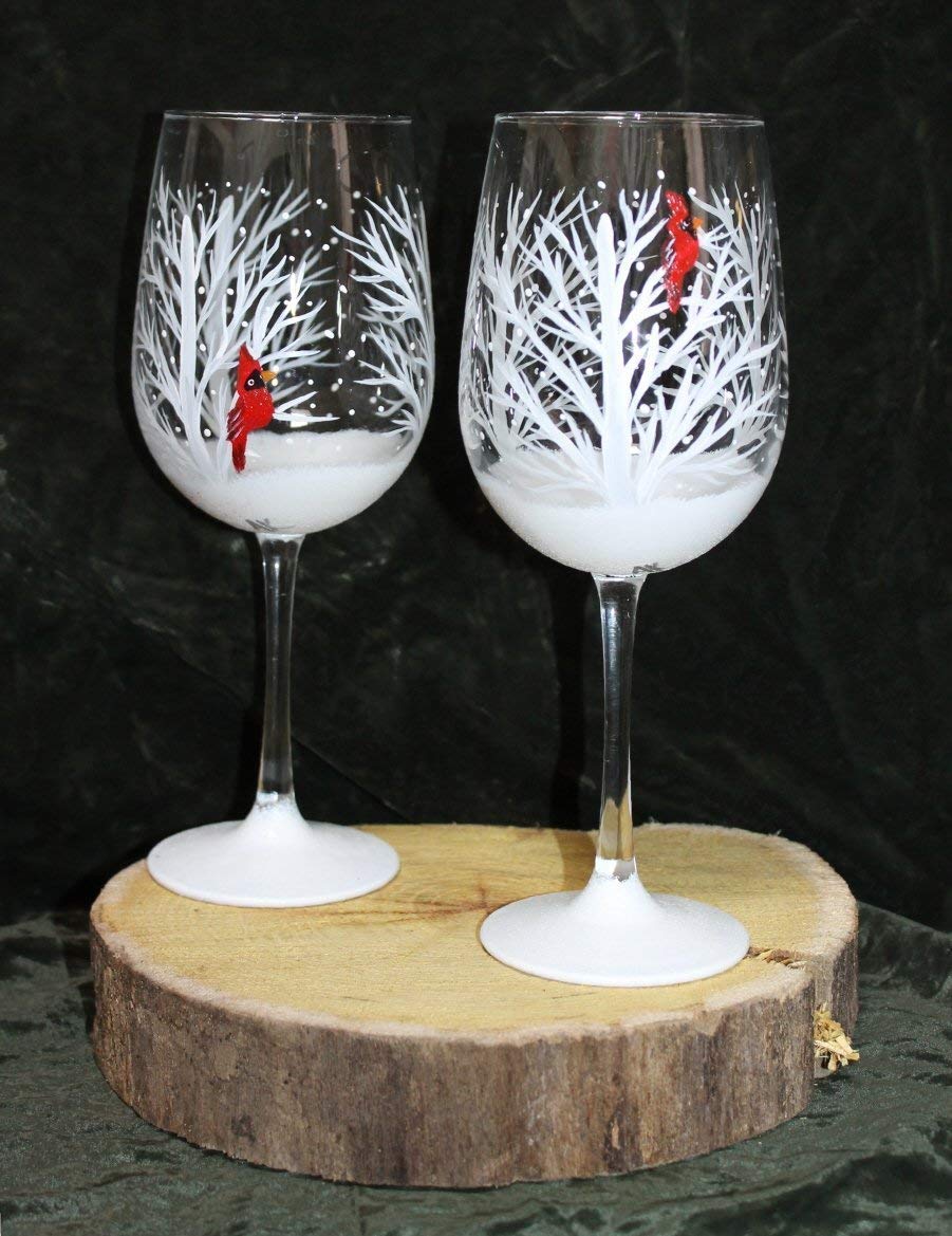 Amazon Com Hand Painted Wine Glasses Winter Snow With Cardinal
