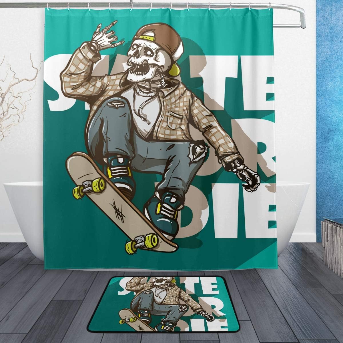 Amazon Com Joysay Hip Hop Skull Riding Skateboard Shower Curtain Set With 12 Hooks Waterproof Shower Curtain 60 X 72 And Bath Mats 23 6 X 15 7 For Shower Bathroom Decor Home Kitchen
