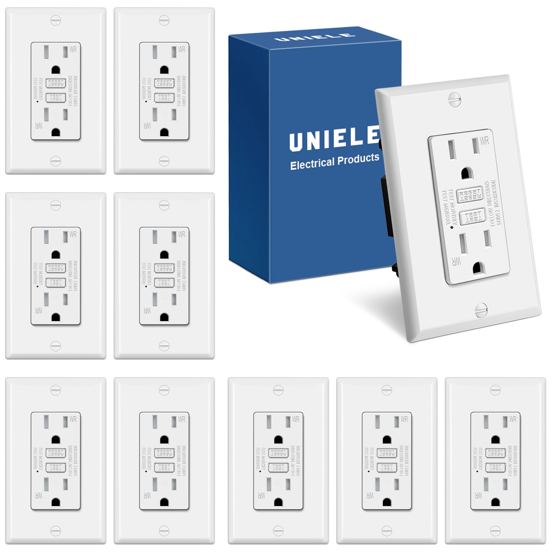 Photo 1 of (10 Pack) UNIELE 15 Amp WR GFCI Outlet, Outdoor Weather-Resistant GFI Receptacle, Ground Fault Circuit Interrupter, Wallplate Included, White