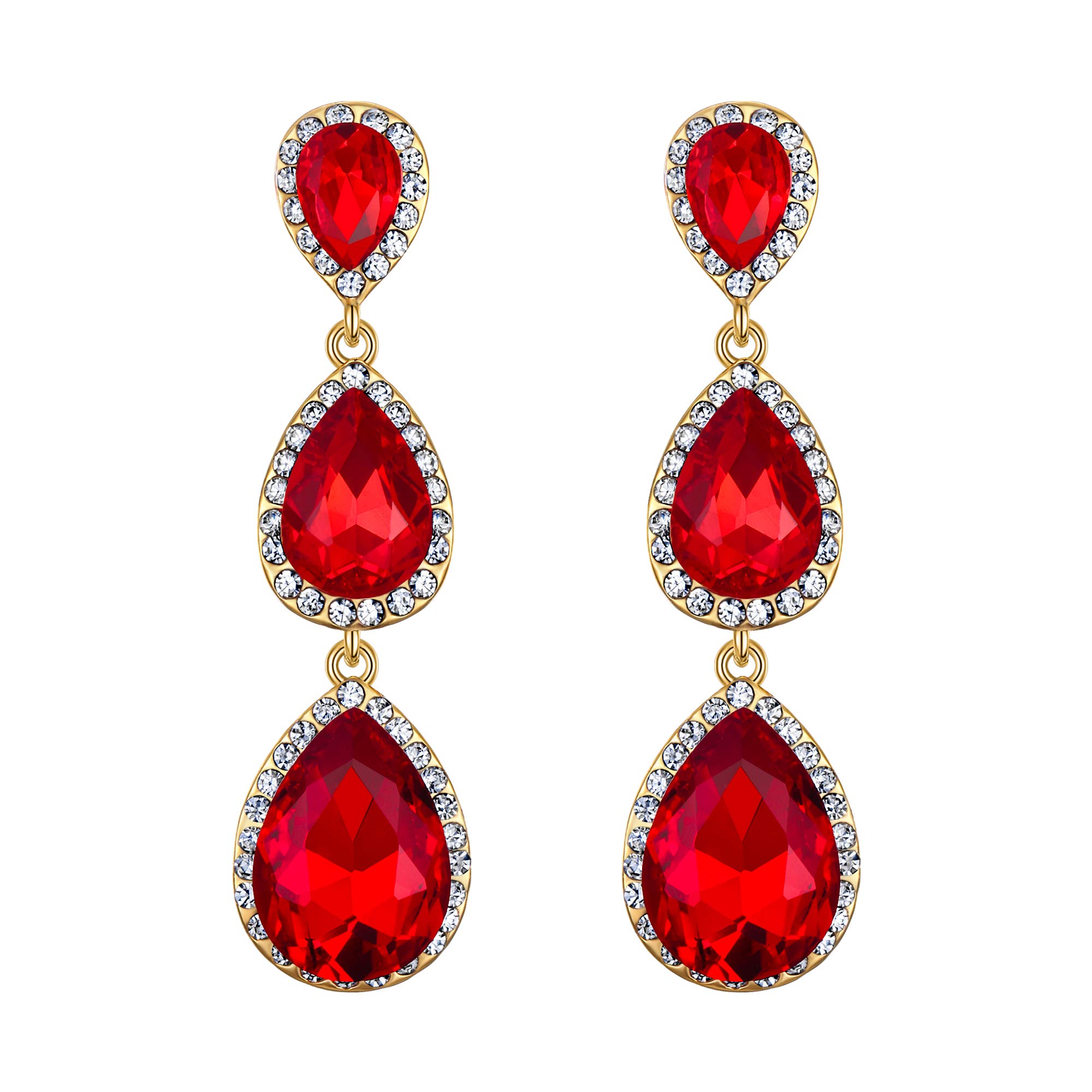 Clearine Women's Gorgeous Small to Large Triple Teardrop Crystal dangle Pierced Earrings Red Gold-Tone